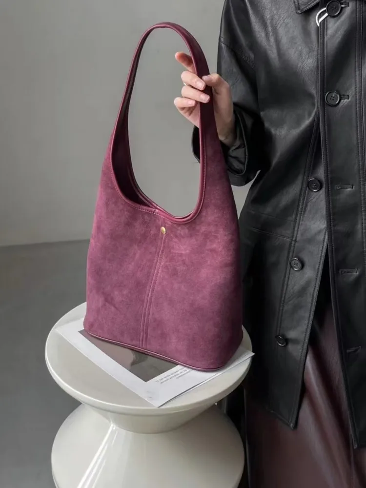 Women Hobos Bag Vintage Solid Color Cow Suede Single Shoulder Bag Versatile Casual Handbag Totes Autumn Office Lady Underarm Bag