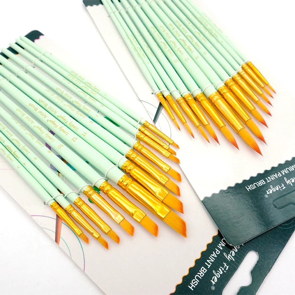 12/24Pcs Green Handle Paint Brushes Set Nylon Round Pointed & Angle Flat Tip for Acrylic Ink Gouache Watercolor Artist DIY Craft