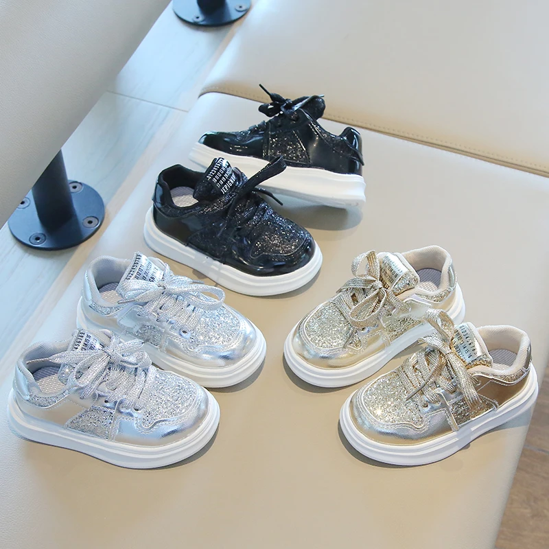Girls Gold Sequins Platform Sneakers Autumn Fashion Casual Sports Shoes Thick Bottom Vulcanized Shoes Kids Flats Heels Shoes