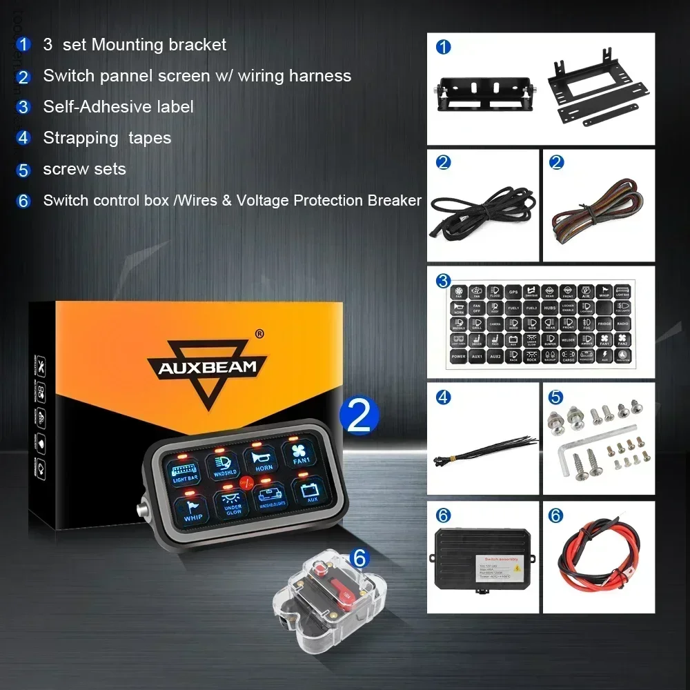 AUXBEAM 8 Gangs LED Switch Panel On-Off Control Relays System Background Light Electronic Relay System for Truck Caravan Boat