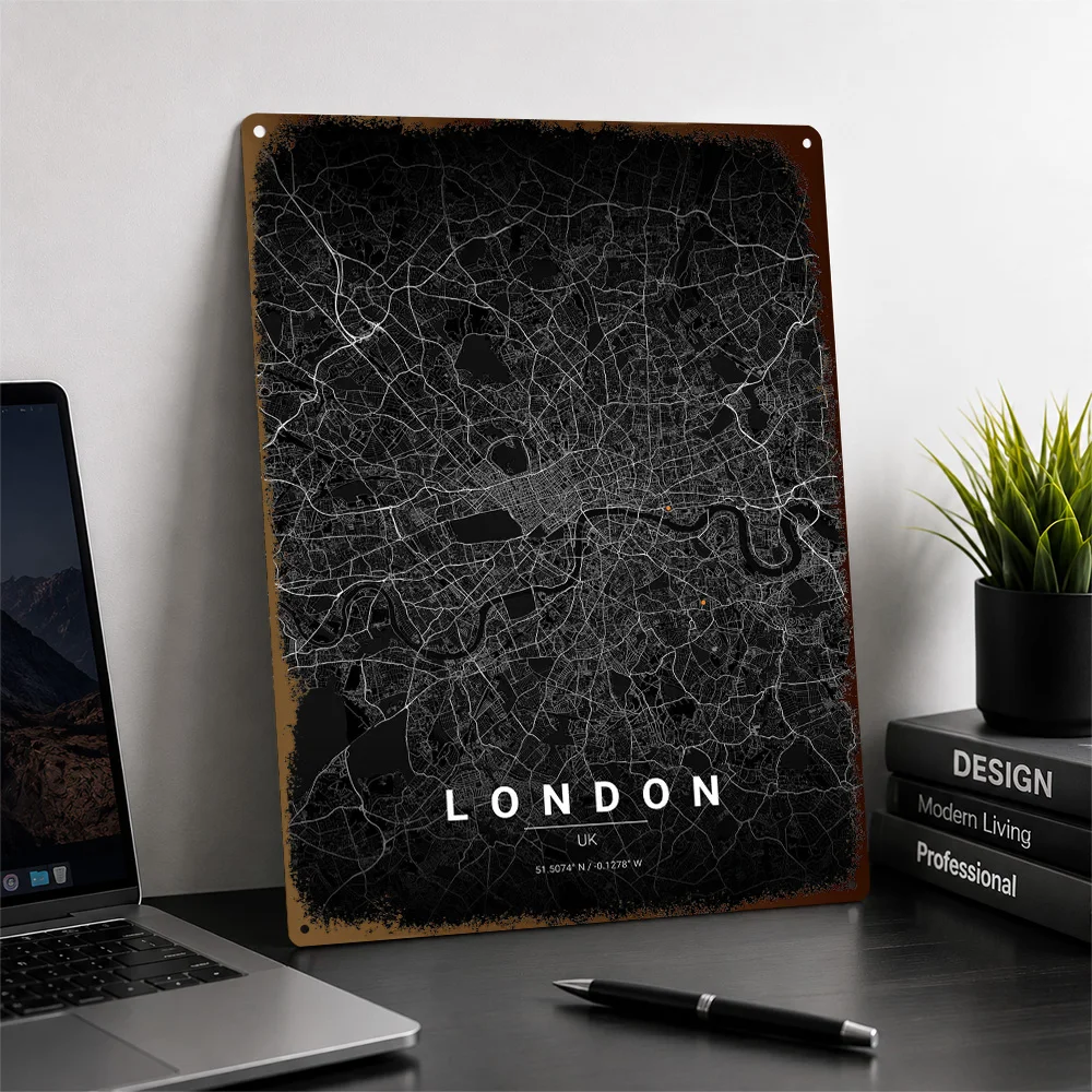 Minimalist London City Street Map Printed Poster Customized Metal Sign Urban Coordinate Style Wall Art For Entryway And Study
