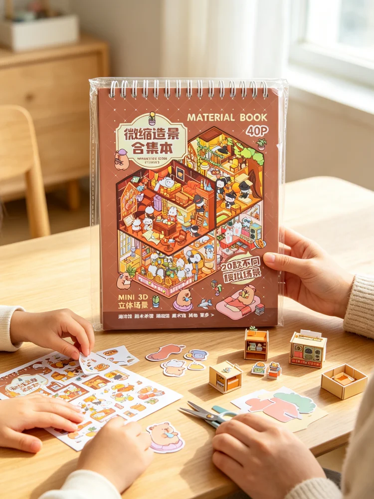 JCAC 40pcs/bag +Tweezers , Kawaii Miniature Scene Sticker Book ，3D DIY Collage, Stress Relief Family Activity