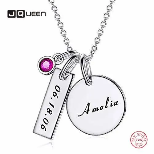 

JQUEEN 925 Silver Necklace Customized Round Gemstone Birthstone Name Brithday date Women's Birthday Gift Jewelry