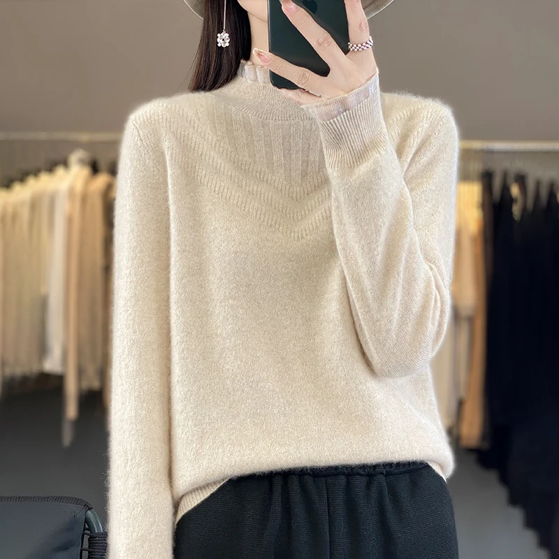 Women 100% Merino Wool Sweater Half-high Collar Knitted Mesh Wood Ear Edge Pullover Autumn Winter Thickened Casual Knitwear Top