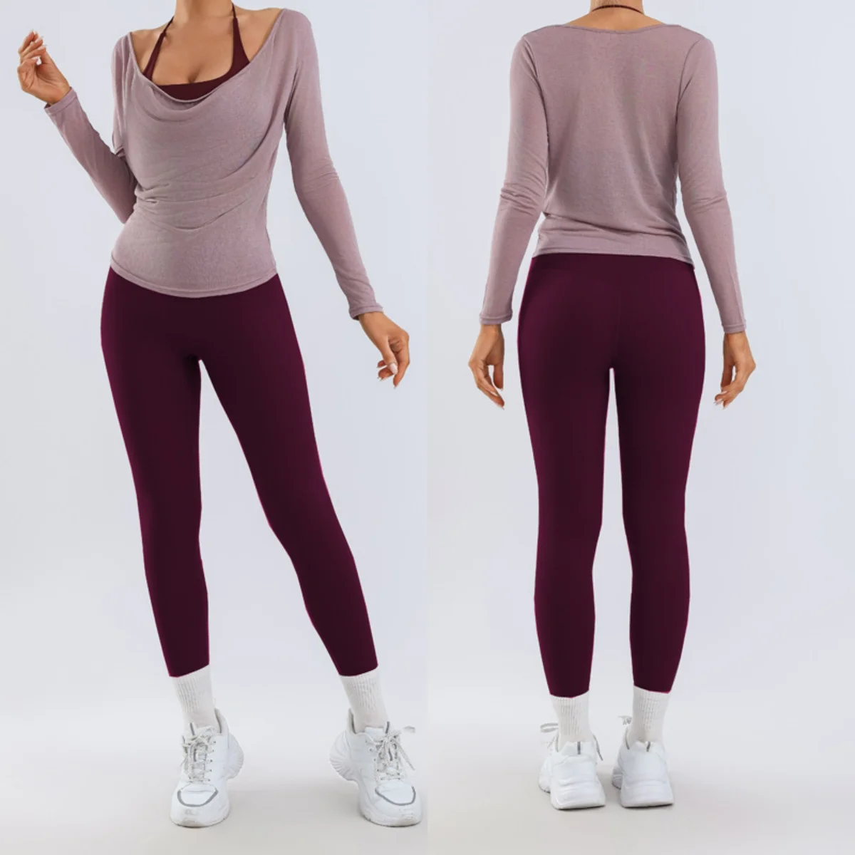 3PCS yoga set Breathable Workout Set for Women Draped Neck Sheer Long Sleeve Top + Halter vest + Butt Lifting Leggings gym set