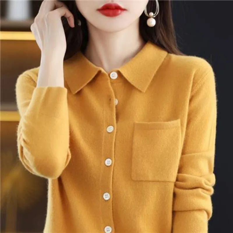 

Autumn and Winter Thick Cardigan T-shirt for Women Polo Collar Base Shirt Long Sleeve Shirt Loose Versatile Top