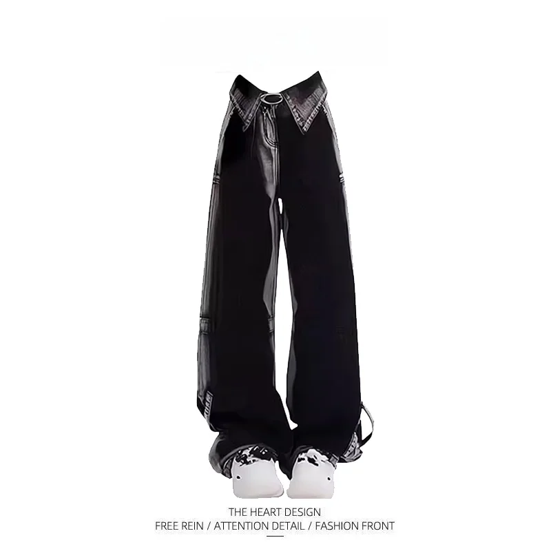 アメリカンスタイルのハイストリートルーズフィットレディースデニムジーンズ、秋の新作、プラスサイズ、デザインセンス、スリム効果、ワイドレッグロングパンツ