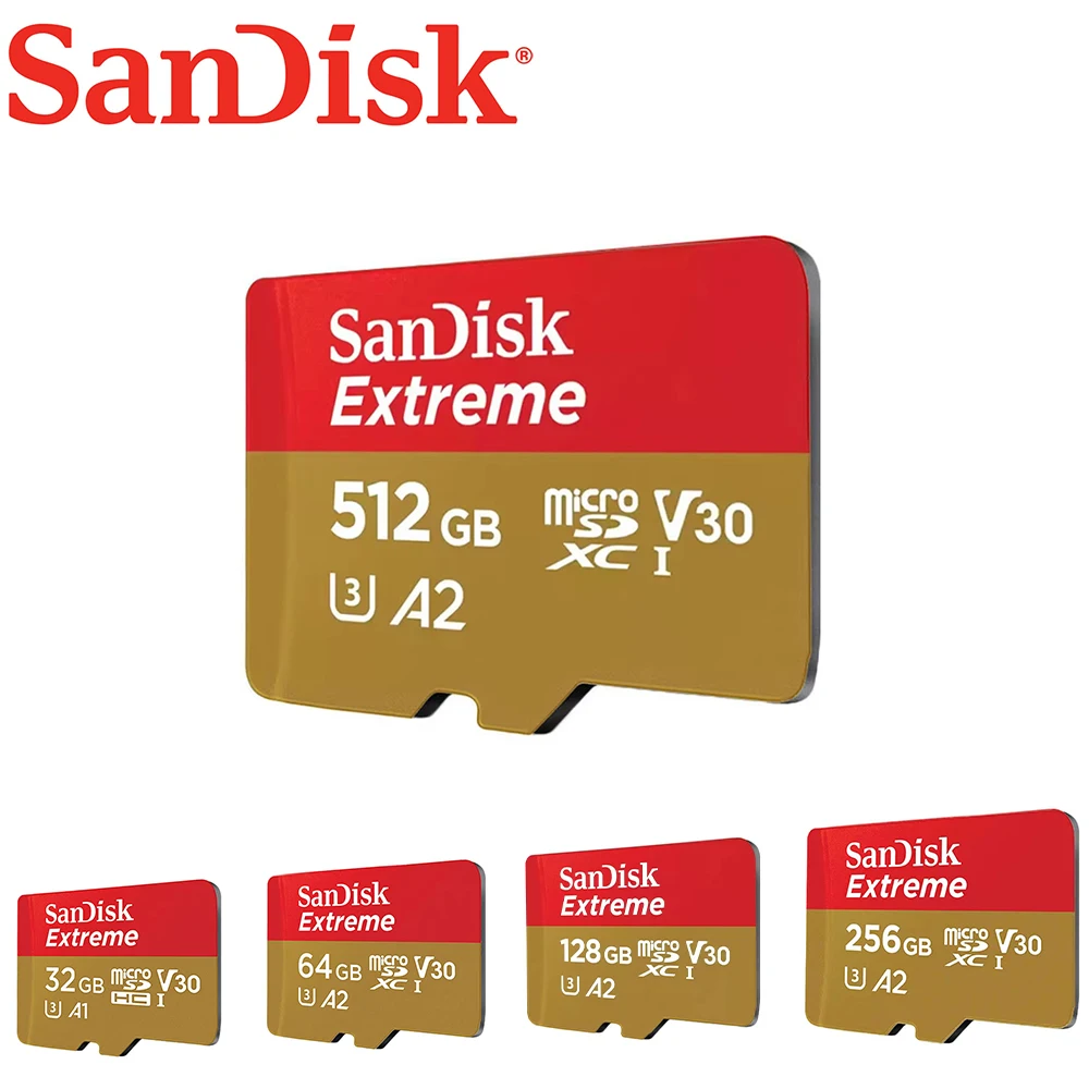 Sandisk Extreme Micro SD Card A2 V30 128GB U3 4K V30 A2 Class 10 Flash Card 512GB 64GB MicroSD/TF Card for Phone Camera
