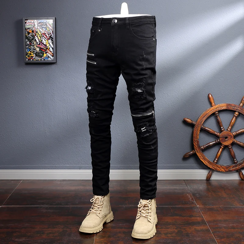 Ropa de calle, pantalones vaqueros negros a la moda para hombre, pantalones vaqueros rasgados desgastados ajustados elásticos con cremallera, pantalones pitillo de mezclilla Punk de Hip Hop para hombre