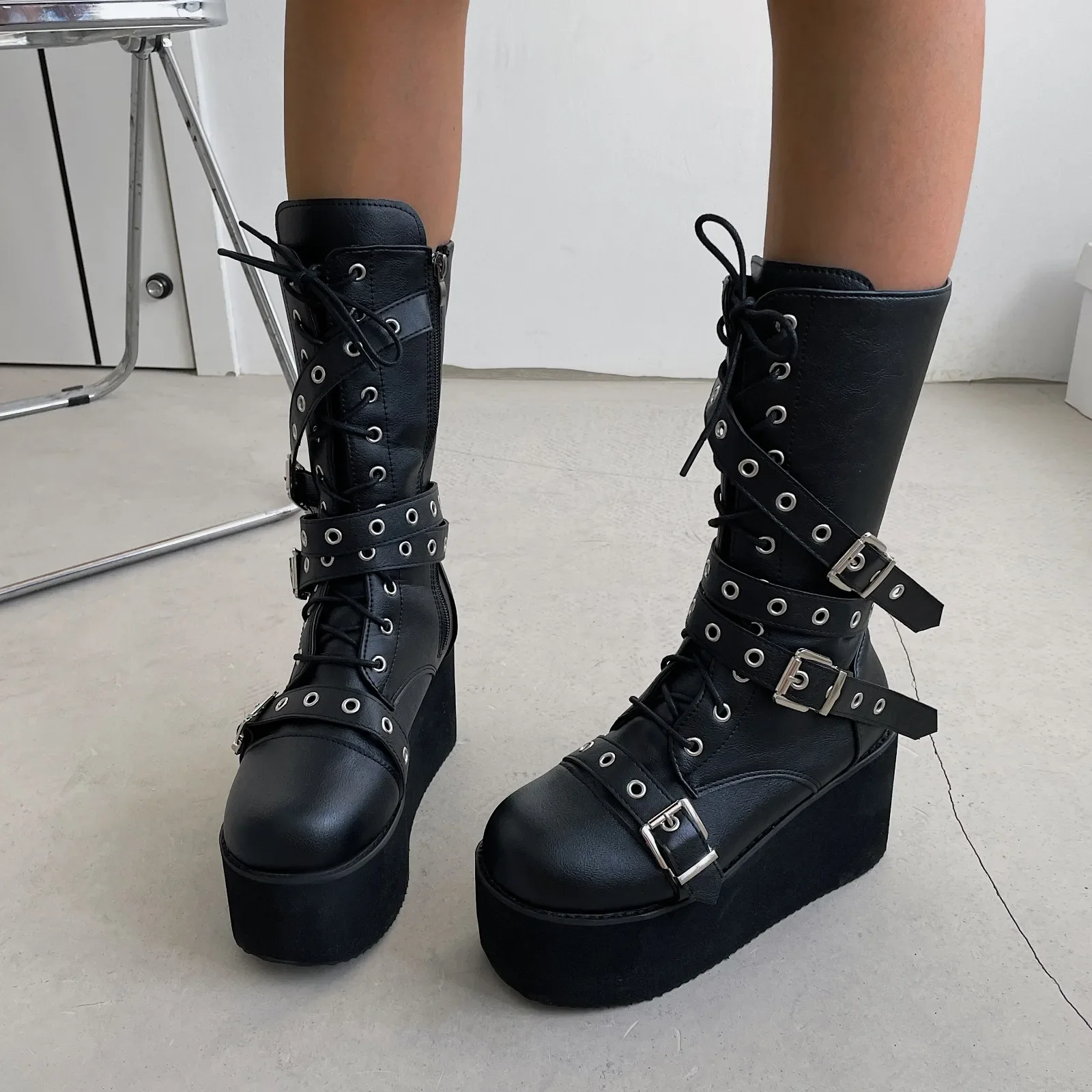 Big Size 43 Women Boots Black Lace Up Buckle Round Toe Wedges Platform Boots Punk Goth INS Women Street Shoes