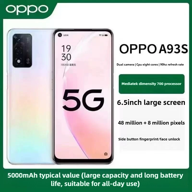 OPPO A93s débloqué 5G téléphone portable Dimensity 810 48MP AI caméra 5000mAh batterie 33W Charge rapide Android 11 Smartphone