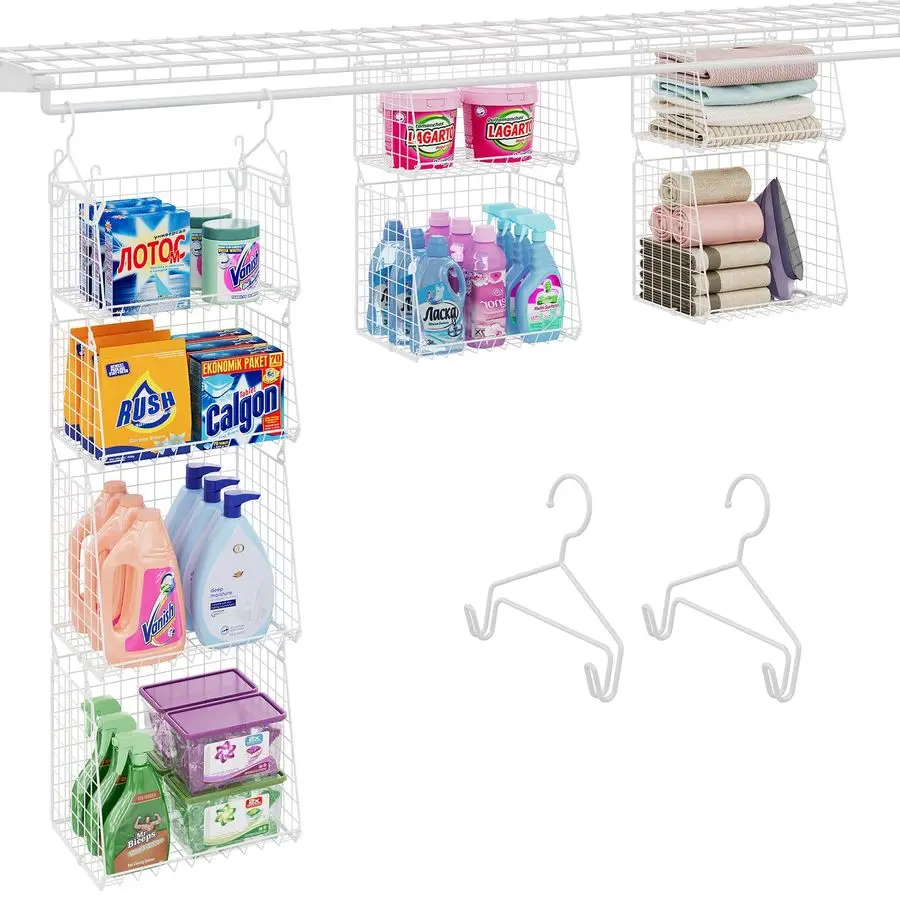 

Hanging Laundry Room Organizer Foldable Wire Shelf Basket with 2 Large Hooks 1.65 amp 360Rotating Hooks SpaceSaving Laundry Sto