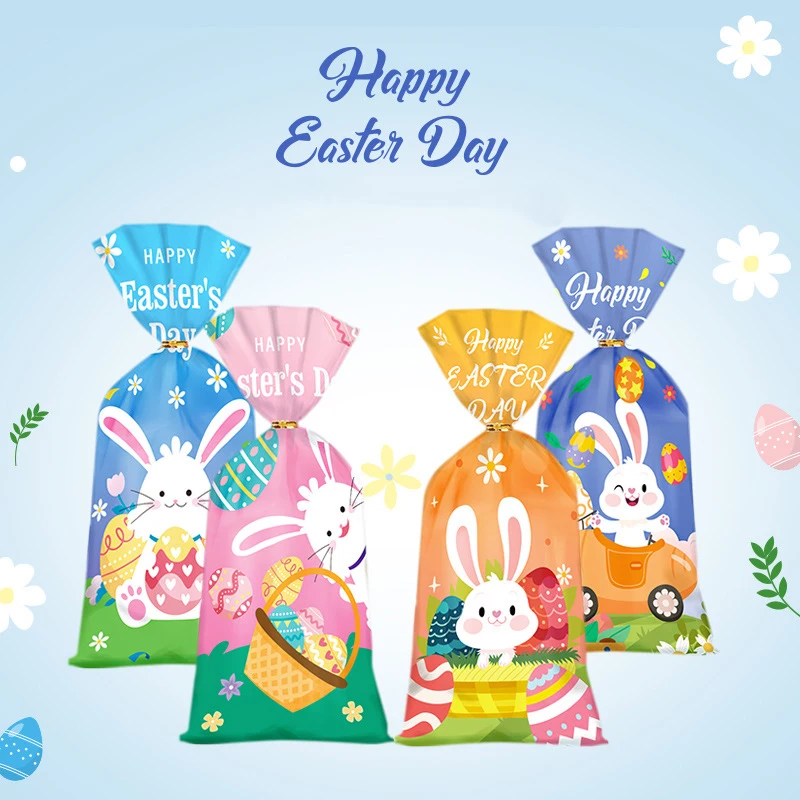 50Pcs Easter Gift Bags Cute Rabbit Hen Egg Pattern Candy Packaging Bags Open Top Cellophane Cookies Bags Easter Party Decor