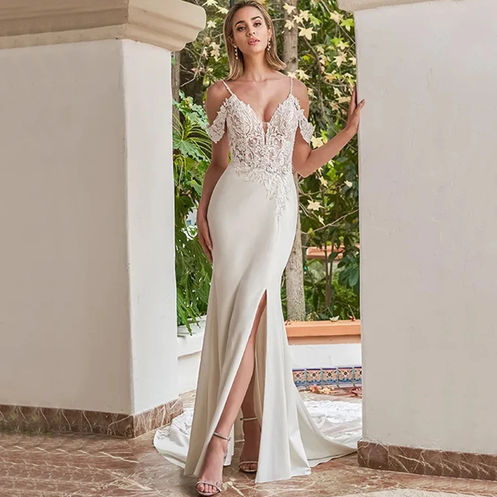 Exquisite Applique Mermaid Wedding Dress V-Neck Spaghetti Straps Off the Shoulder Short Sleeve Bridal Satin and Tulle Gowns