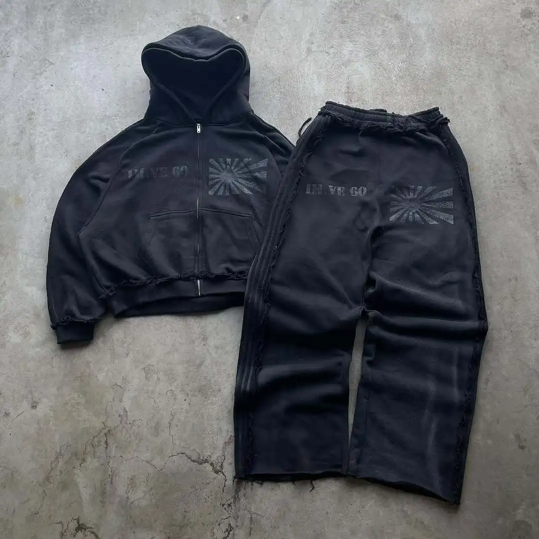 Tweedelig urban fashion sweatshirt met capuchon en ritssluiting met losse pasvorm, rechte pijpen, casual streetwear broek, dagelijks gebruik