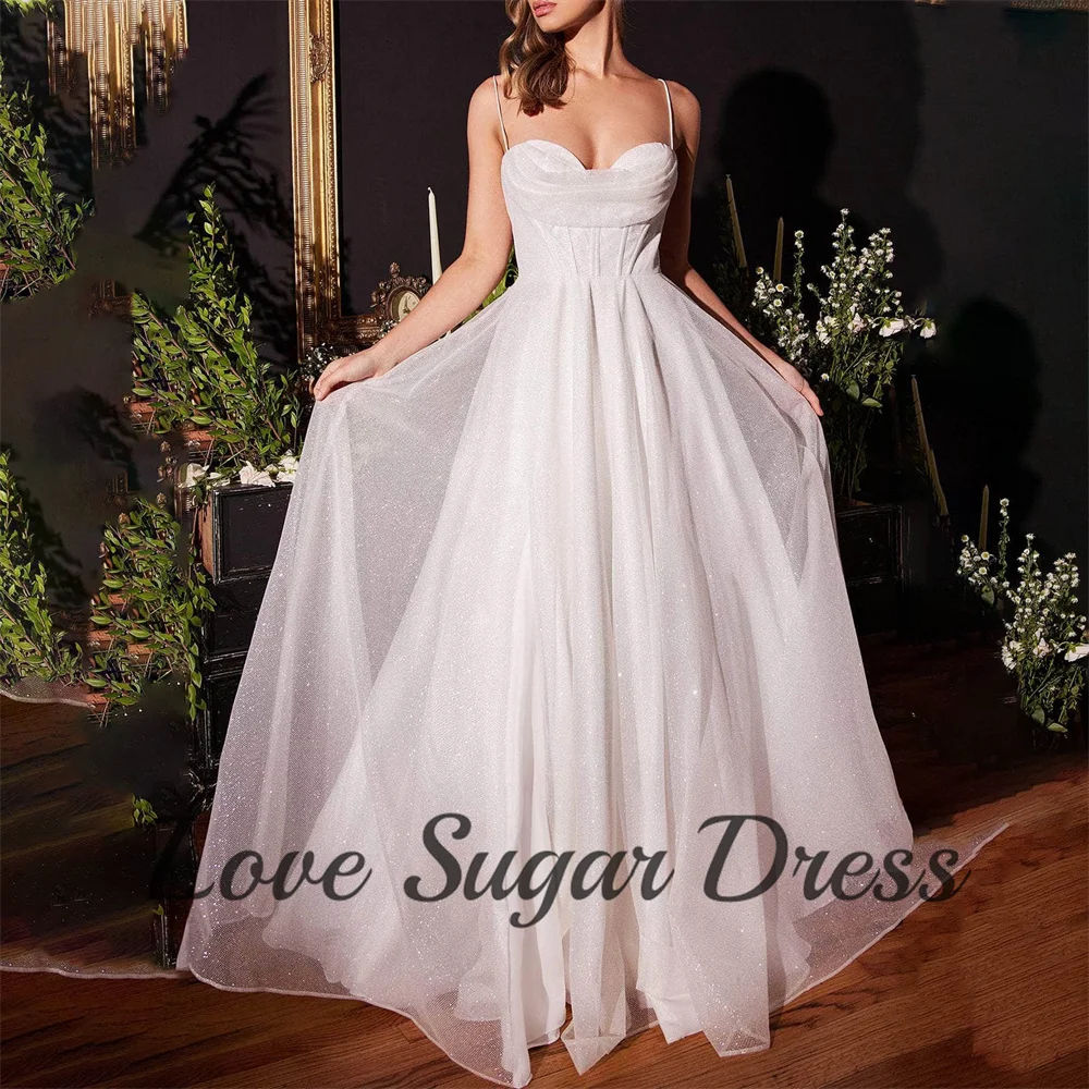 

Sparkly Tulle Sweetheart Wedding Dress Side Slit Floor Length Bridal Gown Spaghetti Strap Bride Dresses Custom vestidos de novia