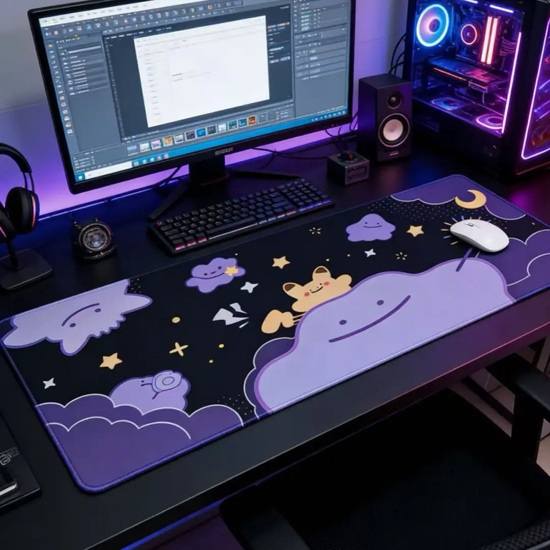 900x400mm Lila Sternennacht Niedlicher Frosch Gaming-Mauspad, Rutschfester Gummirand, Großes Abstraktes Kunst-Schreibtischpad