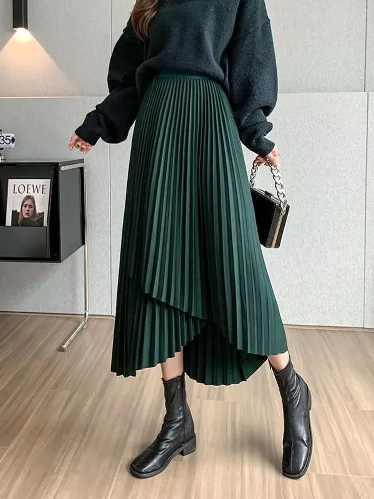 Goth Black Mid-length Skirt Women High Waist Pleated Skirt Asymmetric Slim Fit Vintage A-line Korean Fashion Women's Clothing