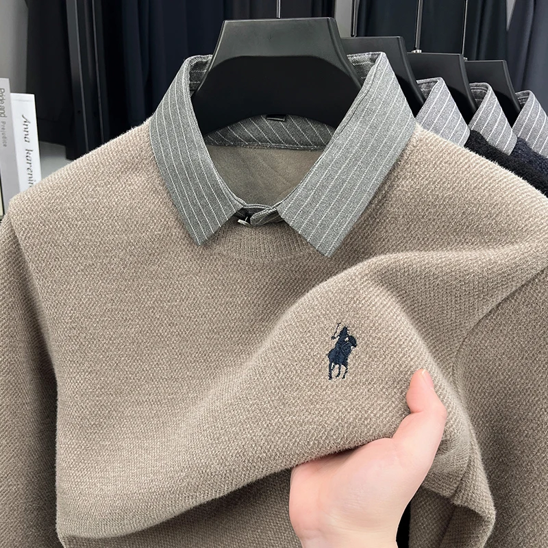 men's luxury autumn winter high quality long sleeves false two-piece lapel embroidery knit sweater leisure trend men's clothing