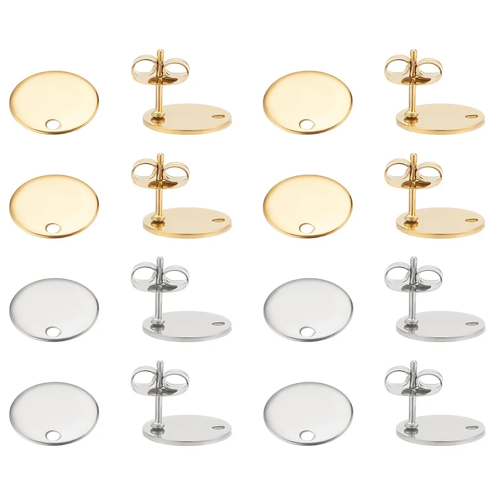 1set 16cs 2 colors Ion Plating(IP) 304 Stainless Steel Stud Earring Findings with Loop and Flat Plate Ear Nuts/Earring Backs