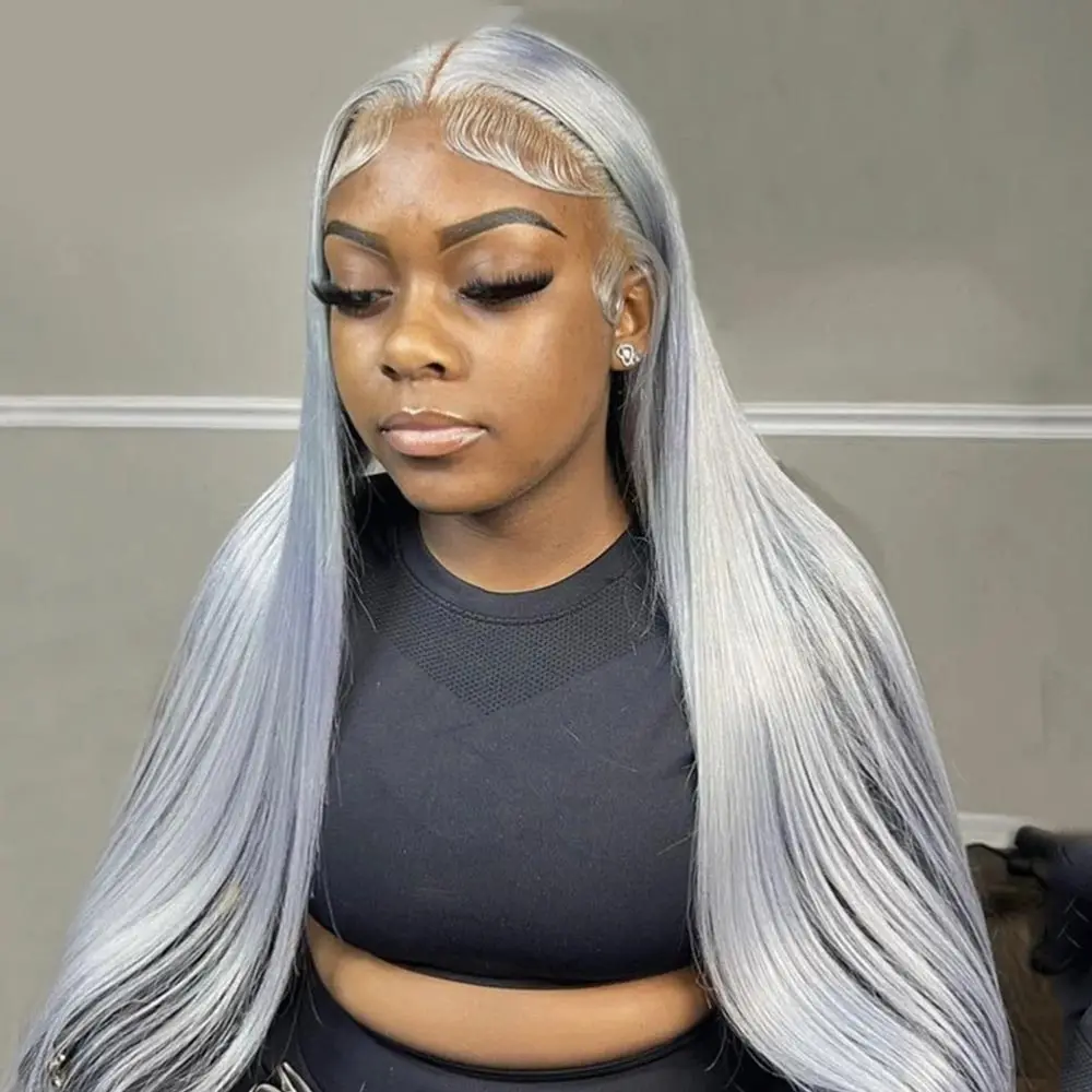 Grey Straight Lace Front Wig 13x4 HD Transparent Lace Frontal Wig Brazilian Remy Silver Grey Colored Straight Human Hair Wigs ﻿