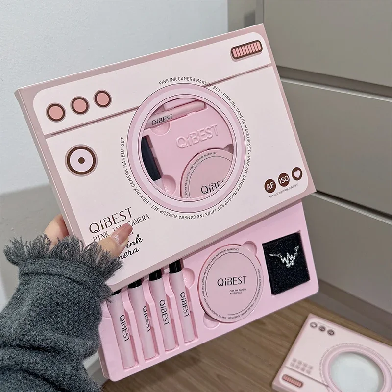 QIBEST Set di trucco da 9 pezzi 4 pezzi Fango per labbra, 1 polvere pressata, 1 fard, 1 eyeliner, 1 mascara, 1 matita per sopracciglia Kit di cosmetici per l'aspetto della fotocamera