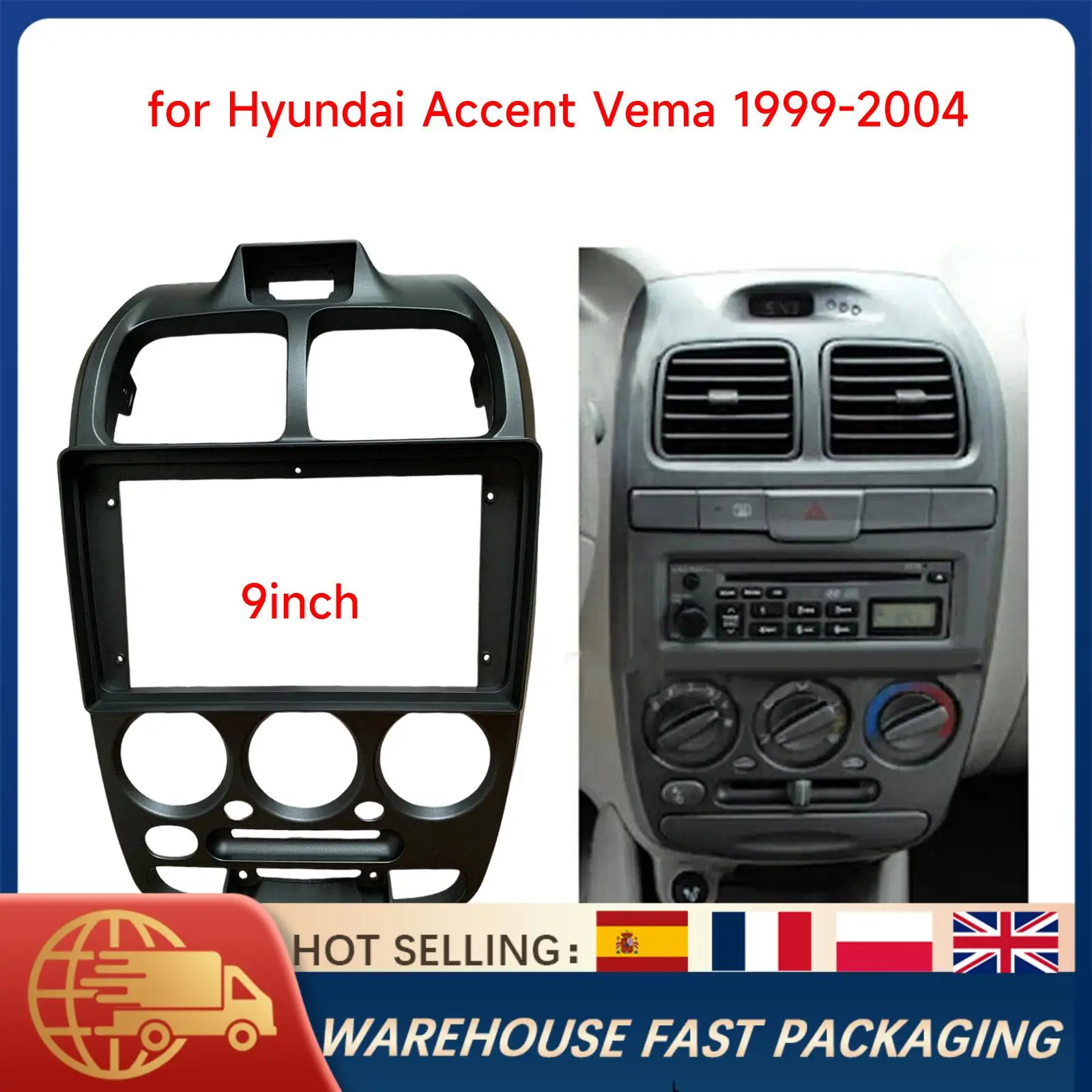

1PC 9" Car Radio Fascia Frame Panel For Hyundai Accent Verna LC 1999-2005 Dashboard Trim Kit 2DIN Stereo Installation ABS Black