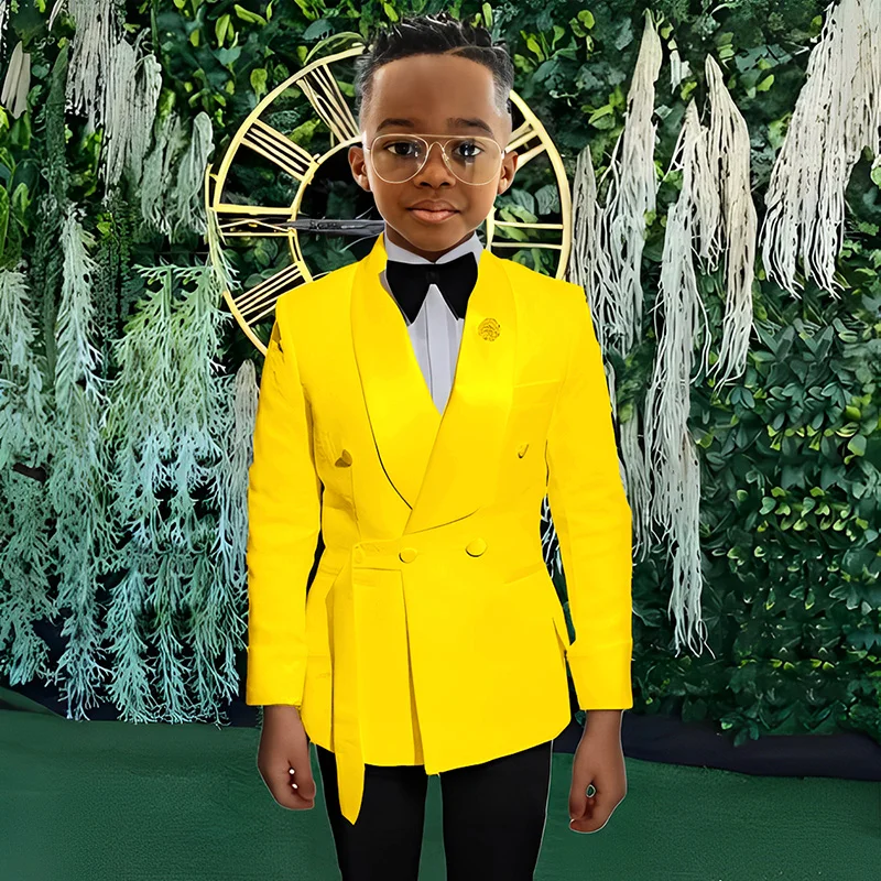 

Vibrant Bright Yellow Boys Formal Suit Set Blazer Long Sleeves and Peak Lapel Suit Set Stylish Boys Wedding Party Suit Set