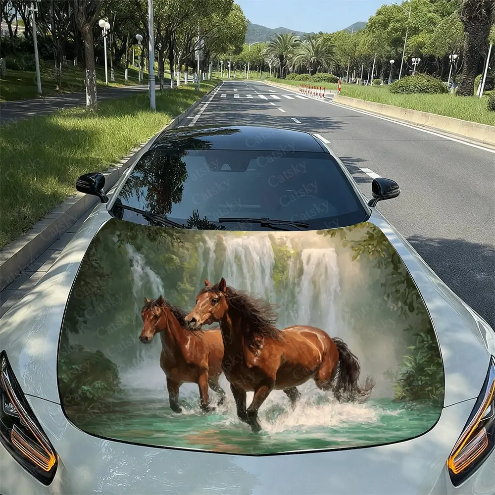 Brown Horses In The Stream Car Hood Decal Sticker - Durable Vinyl Wrap, Splash-Resistant & Easy Removal, Fit For All Cars - Auto