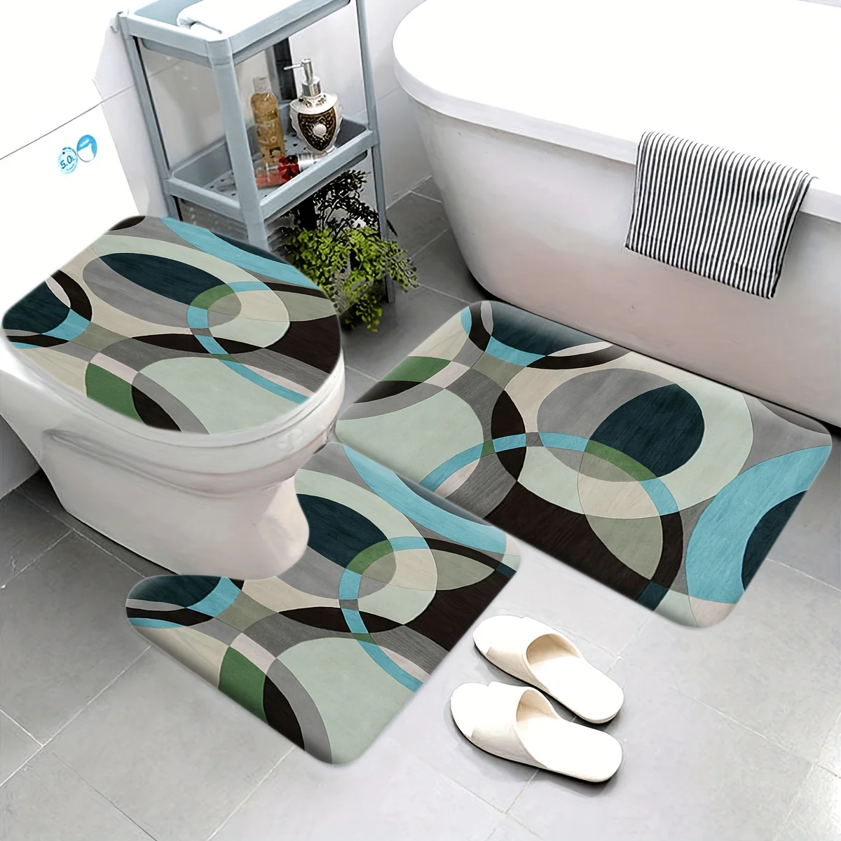 

3pcs Geometric Line Print Bathroom Mat Set, Toilet Lid Cover, U-Shaped Toilet Pad with Soft Flannel Surface and Non-Slip Memory