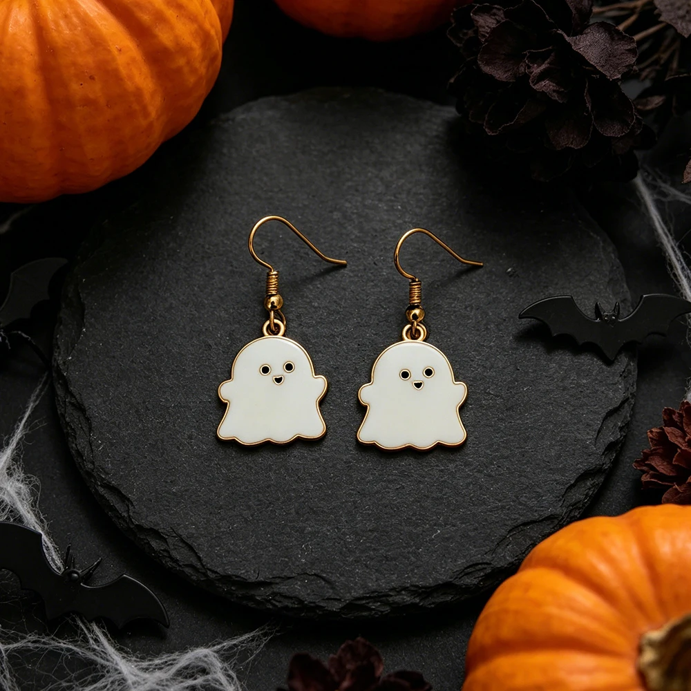 Halloween Solid Color Simple White Ghost Earrings Matte Off-White Base with Gold-Edged Dark Style Earrings