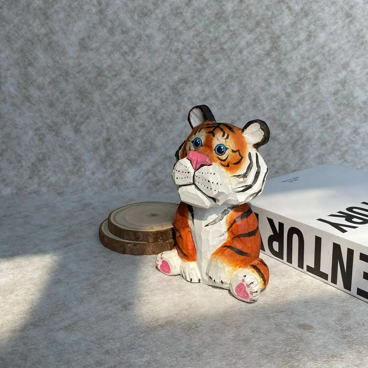 Hand-painted wood carving, handmade wooden tiger ornament, cute style