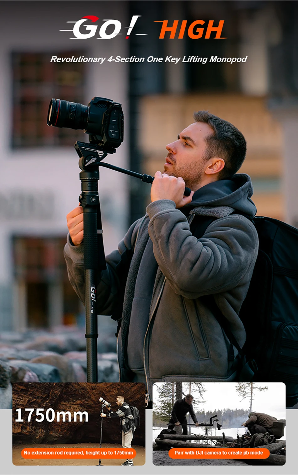 COMAN M1S Carbonfaser-Einbeinstativ Leichtgewichtige Schnellwechselplatte DSLR-Kamera Reisestativ Ein-Klick-Hebesystem – Detail 10