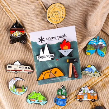 야외 캠핑 시리즈 스노우 피크 에나멜 청바지 핀 배지 텐트, 파이어 플랫폼 야외 보관 포장 액세서리