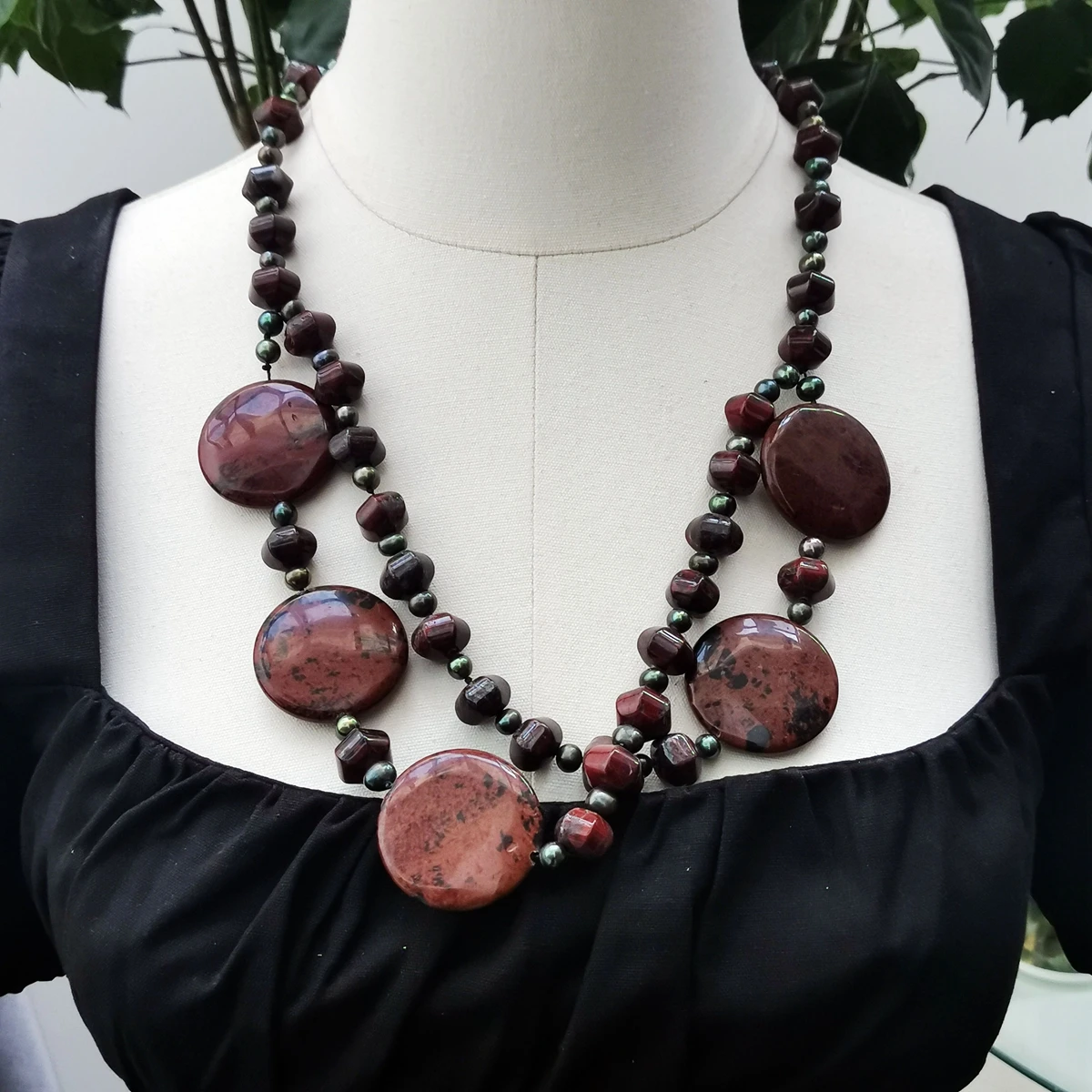 Lii Ji Brown Color Necklace Obsidian Pearl Blood Stone Necklace Women Jewelry Stock Sale 67cm