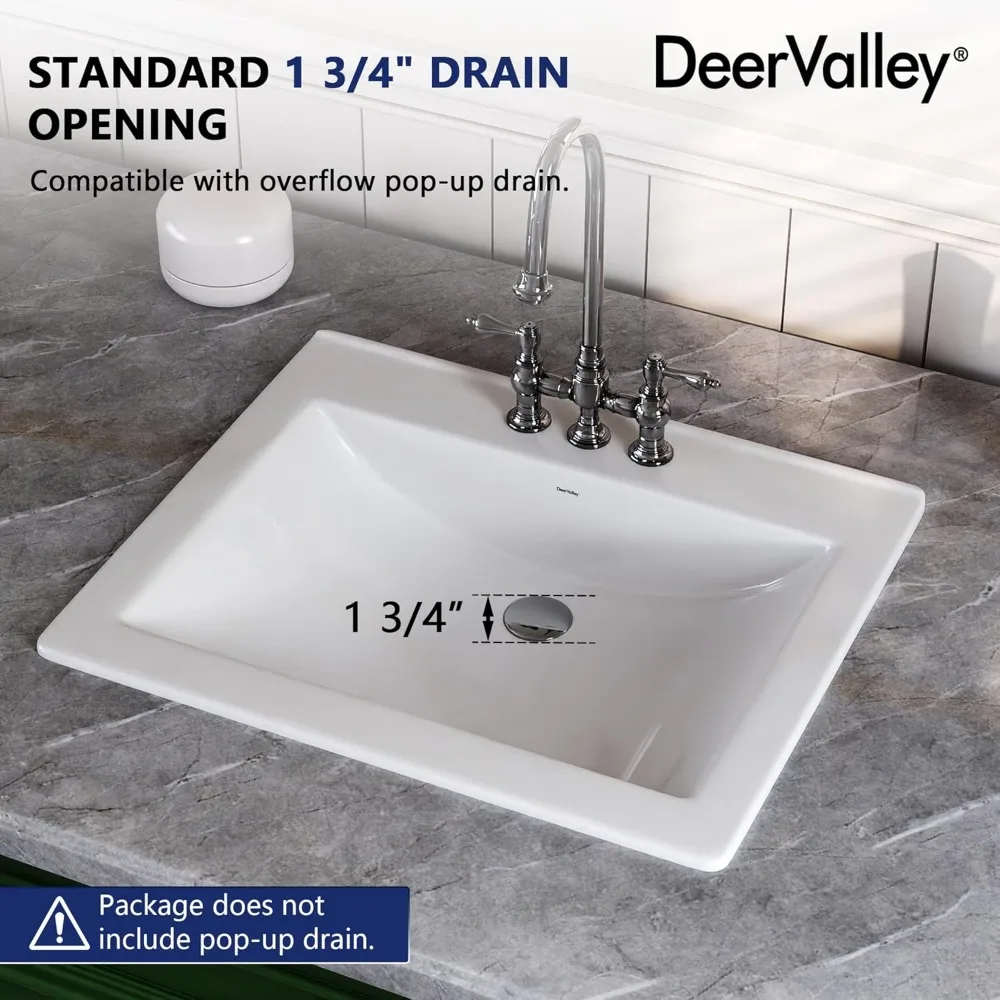 DeerValley 21x18 Inch Rectangular Ceramic Bathroom Sink with Overflow, White