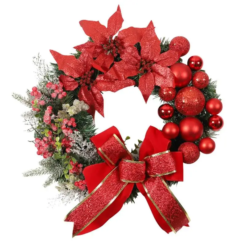 

Christmas Wreath For Front Door Red Berry Clusters Holiday Wreath Poinsettia Flowers Holiday Wreath With Ball Ornaments For