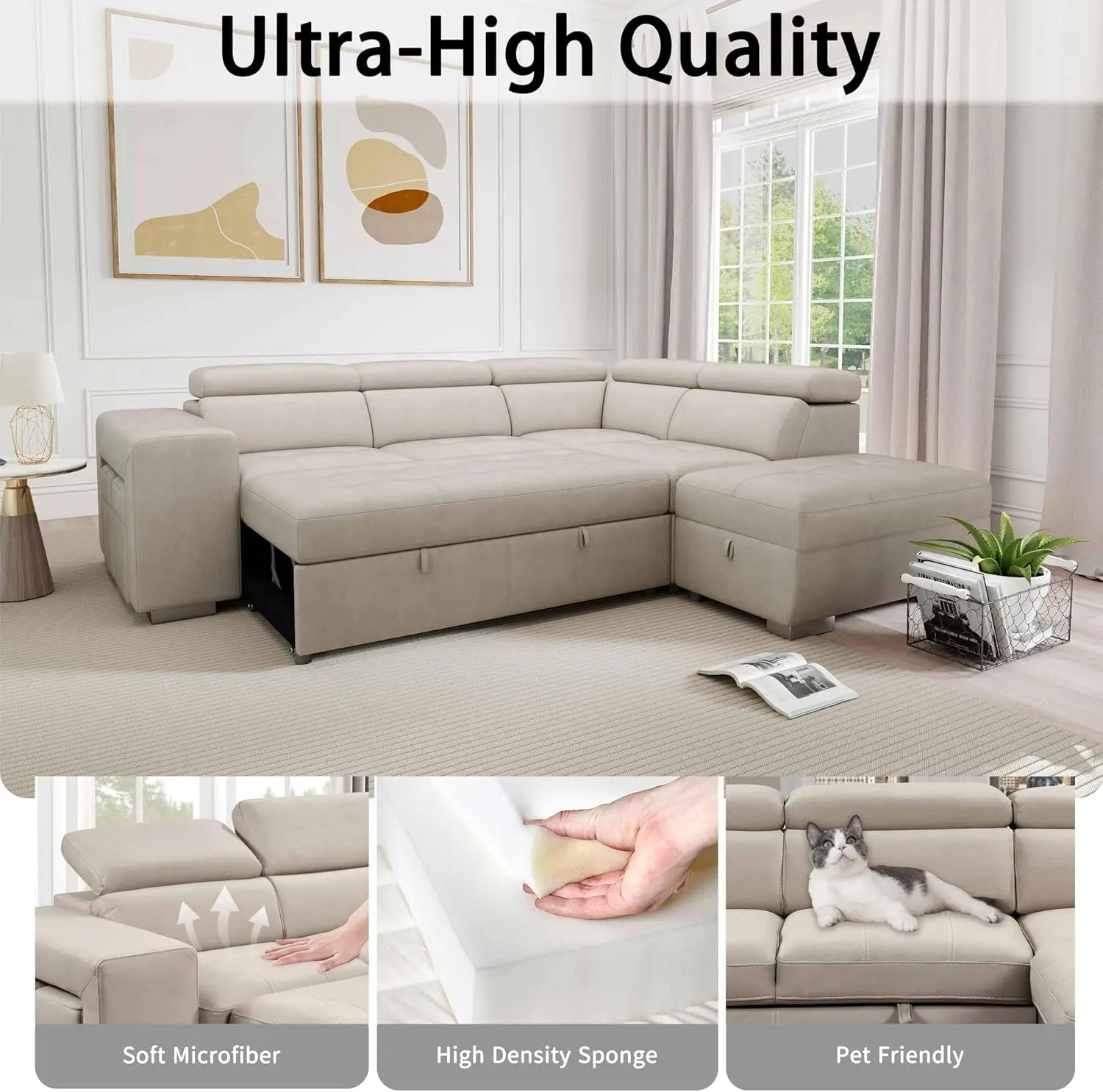 104'' Microfiber L Shaped Sectional Sleeper Sofa Couch with Pull Out Bed and Storage Ottoman, Convertible Couches with image 4