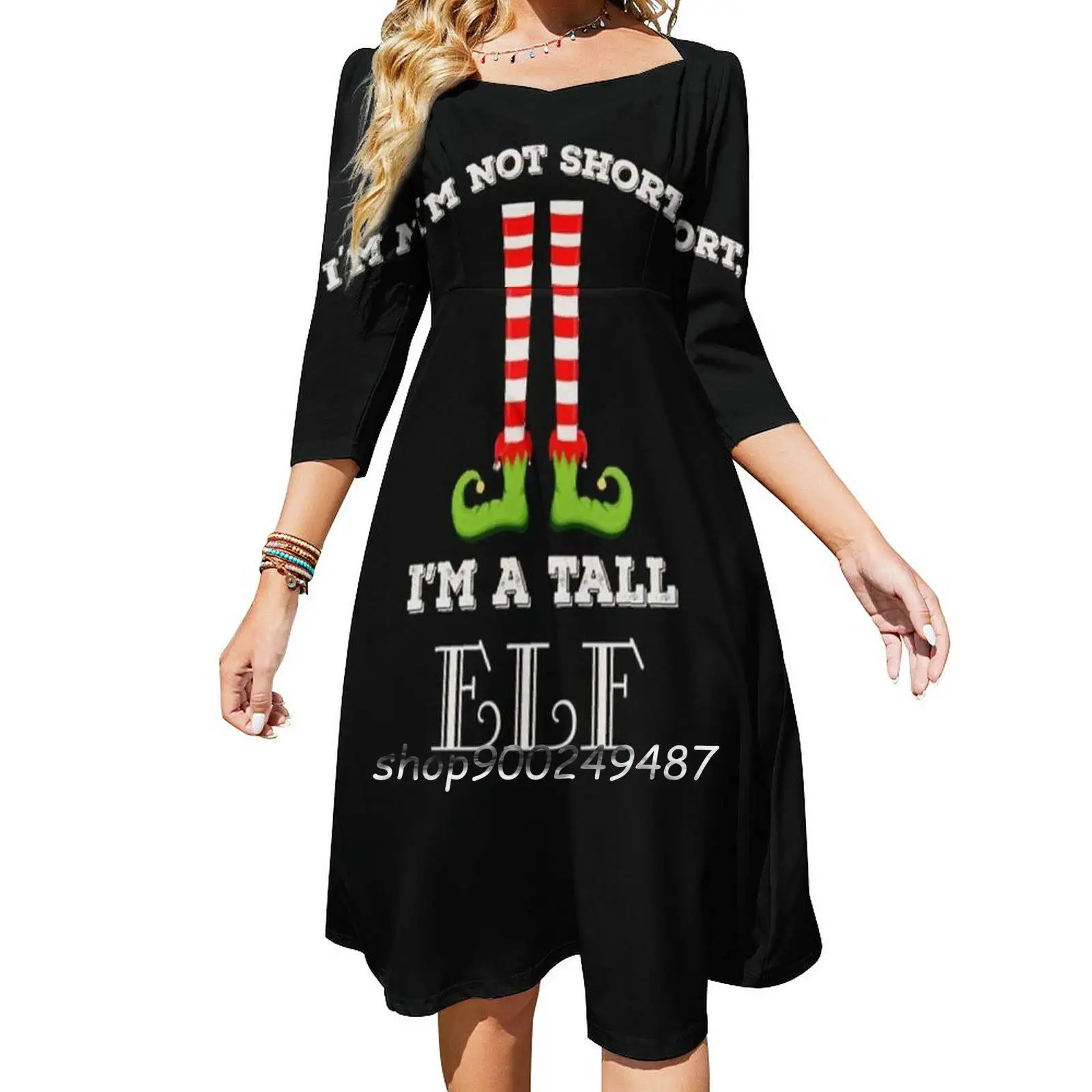 I'M Not Short I'M A Tall Elf Funny Christmas Short People Flare Dress Square Neck Dress Elegant Female Fashion Printed Dress