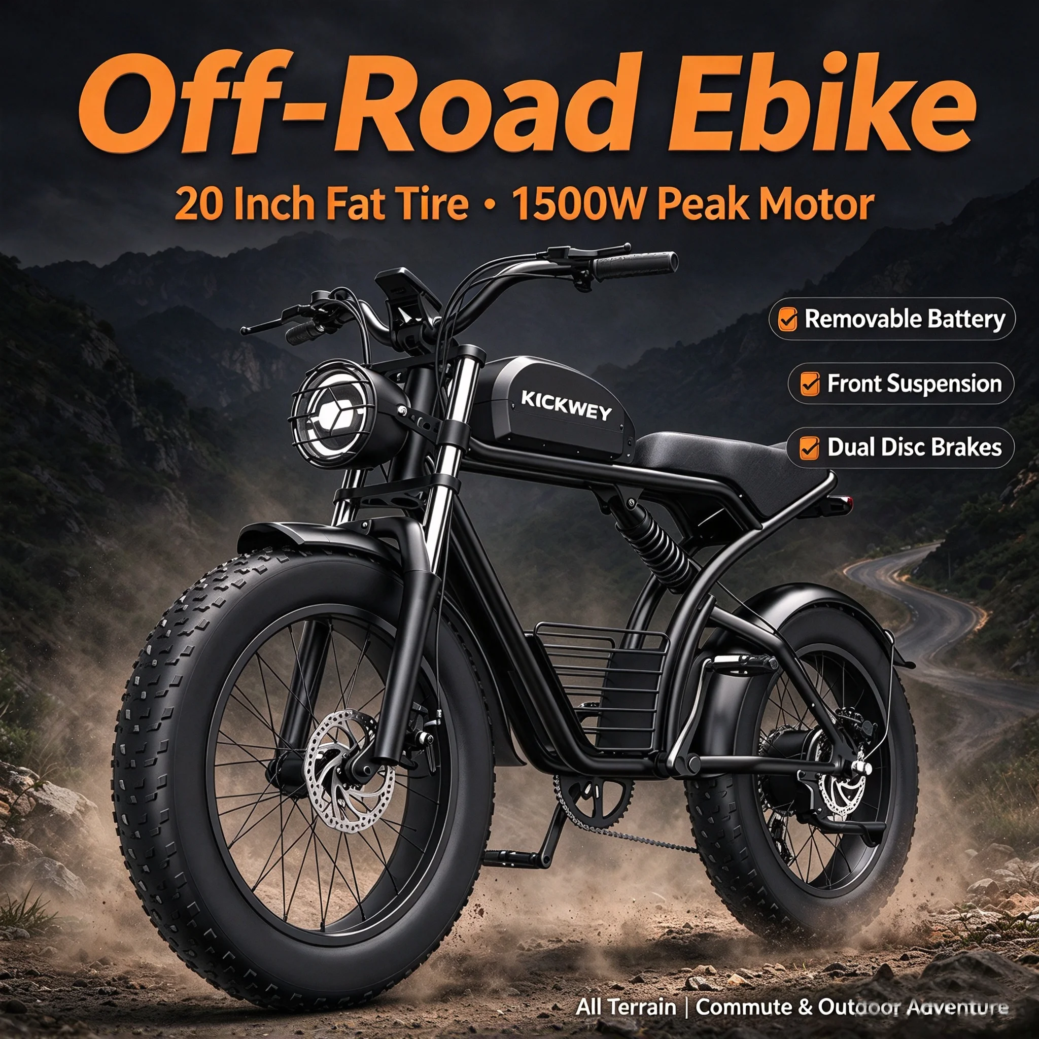 Kickwey K7 Electric Bike, 1500W Motor, 48V 23Ah Removable Battery, 20 Inch Fat Tire, 32MPH, 7-Speed Mountain Ebike for Adults, NFC Color Display, US Local Warehouse, 1-Year Warranty, Double Eleven Special Offer
