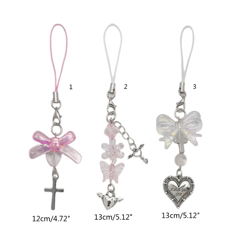 Butterfly-Phone Charm Bow-Love Cross-Lanyard Phone Pendant Wristband Keychain Y2k Ornament for Lady Girl Women Gift