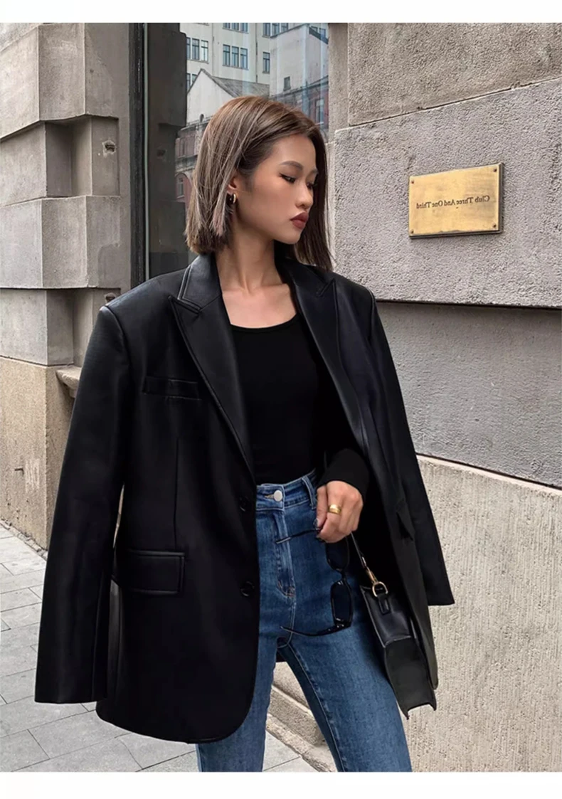 Lautaro Autumn Black Brown Soft  Pu Leather Blazer Women Shoulder Pads Long Sleeve Single Breasted Loose Casual Korean Fashion