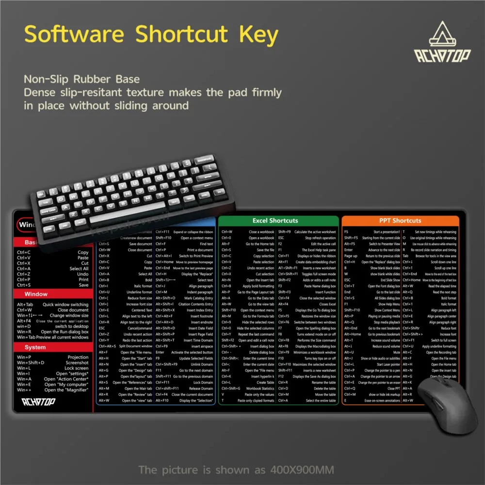 Windows Shortcuts Keys Mouse Pad Large Extended Excel Powerpoint Word Software Gaming Desk Keyboard Mousepad with Stitched Edge