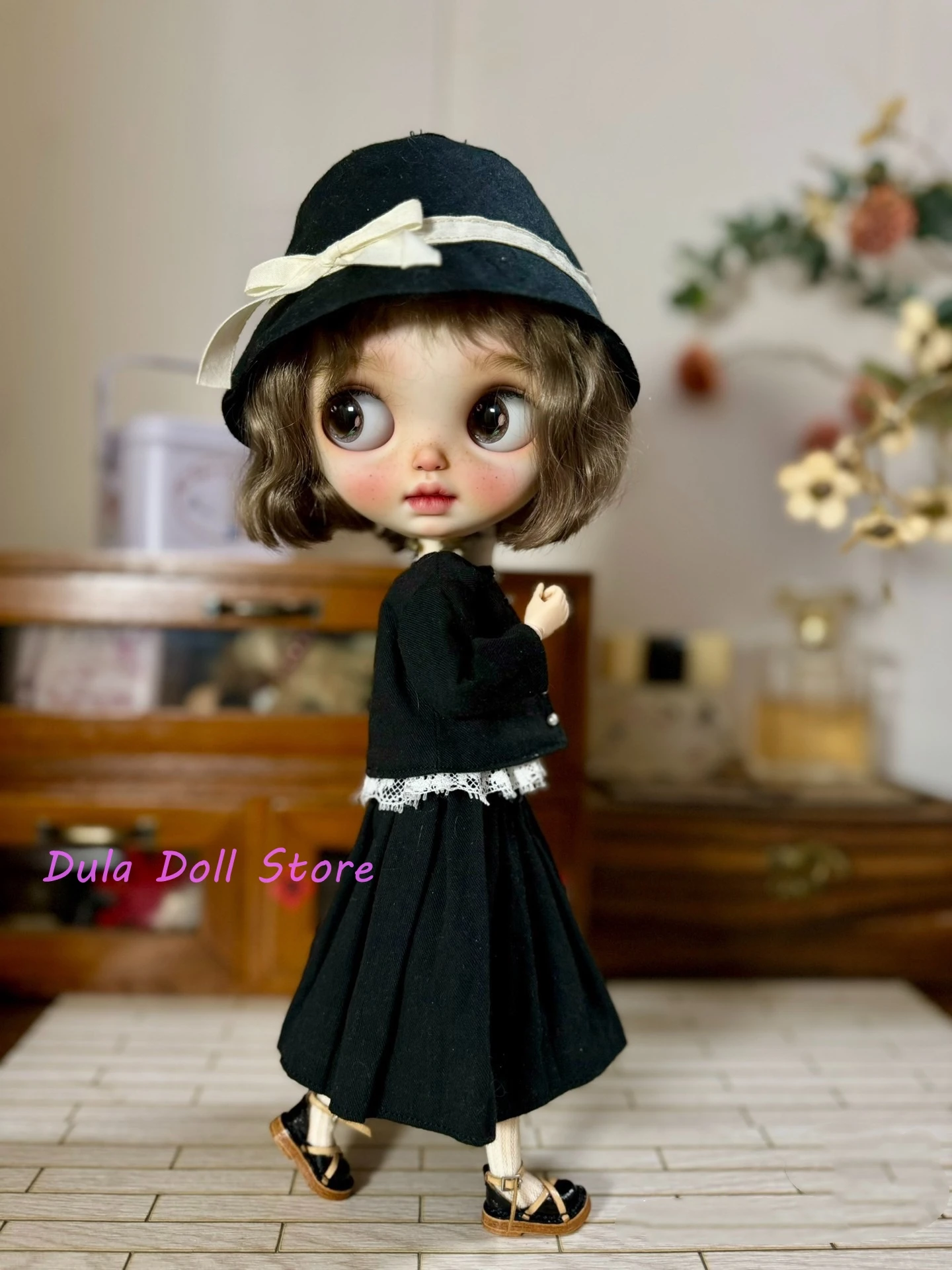 Dula 인형 옷 드레스 버킷 모자 흑백 격자 스커트 Blythe Qbaby ob24 ob22 Azone Licca ICY Bjd
