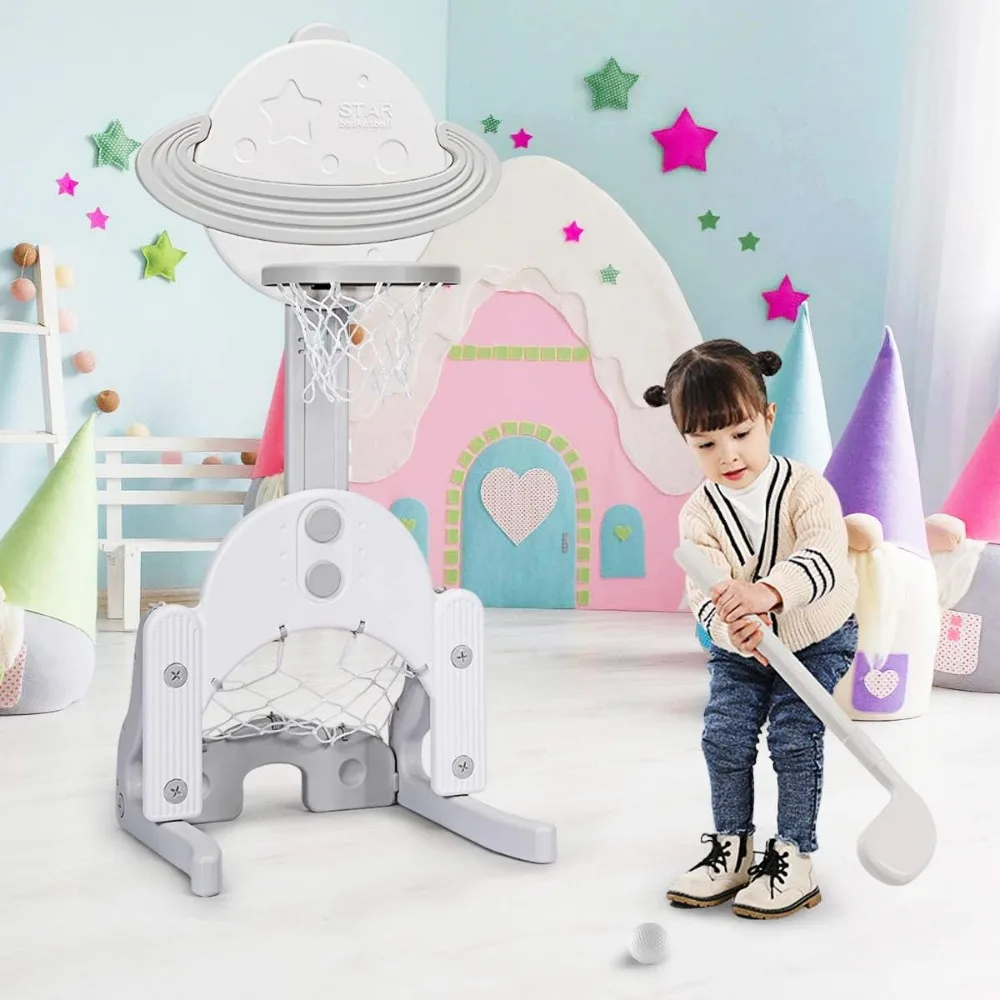 Aro de baloncesto para niños con alturas ajustables, centro de actividades deportivas para niños pequeños, juego de baloncesto, fútbol y golf para niños