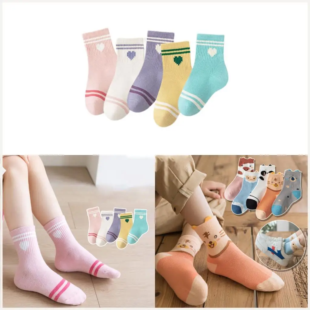 

5 Pairs Kids Sport Socks Elastic Cartoon Pattern Combed Cotton Assorted Colors