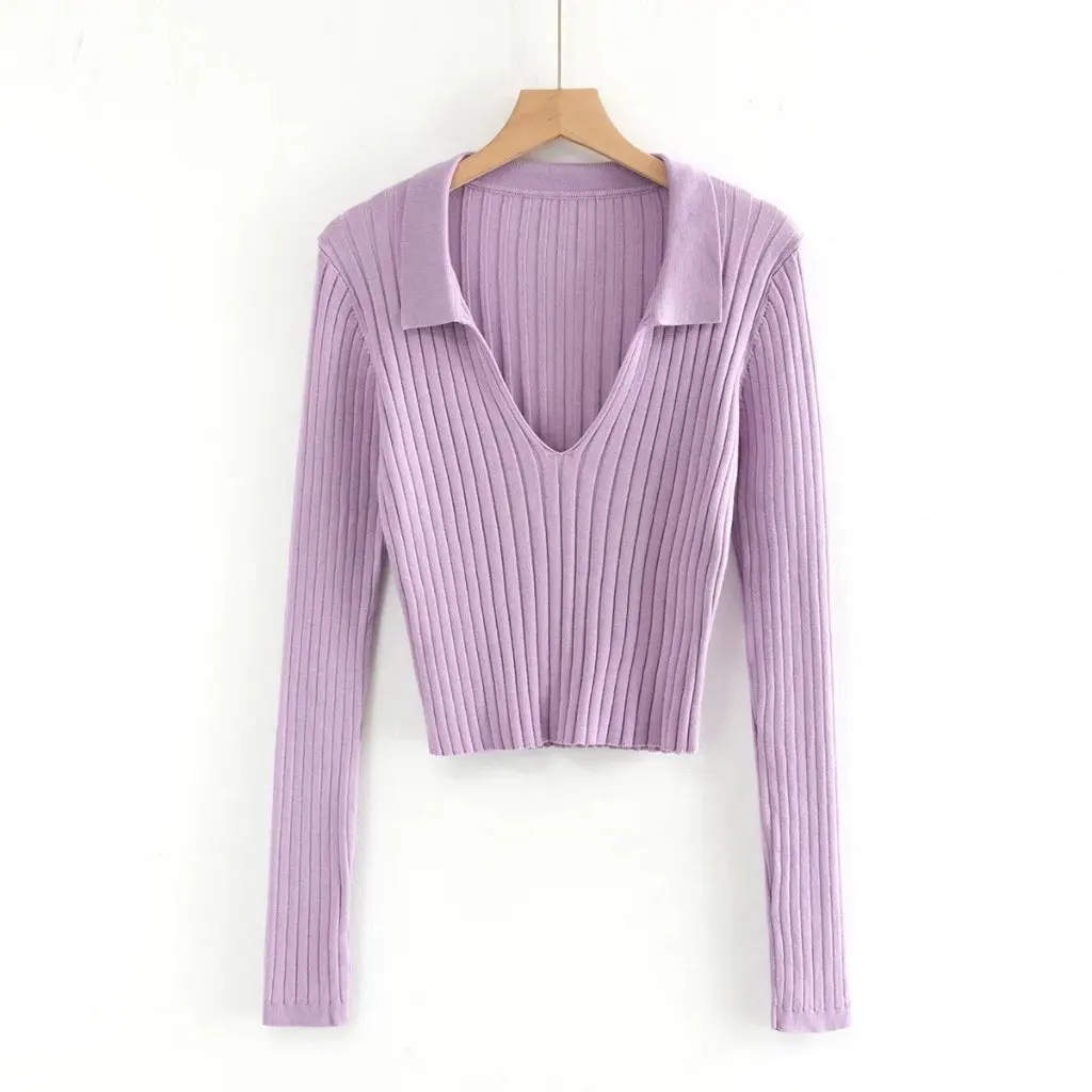 

Slim Fit High Collar Knitwear Polo Collar Cardigan V Neck Off-Shoulder Short Style Women's Streetwear Bottoming Shirt