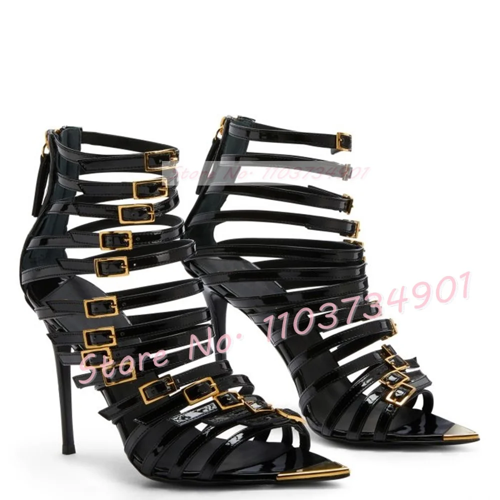 

Black Strappy High Heels Sandals Female Gold Metal Pointy Toe Stiletto Shoes Lady Sexy Multi Narrow Band Leather Party Sandals