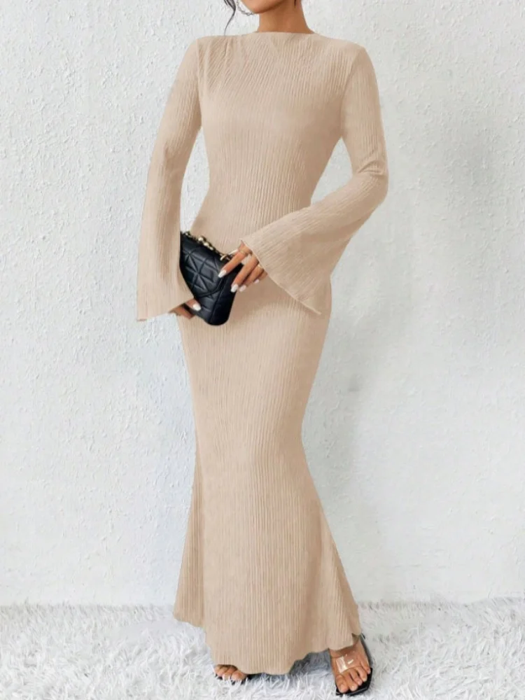 

Woman Solid Color Ribbed Knit Maxi Dress Boat Neck Flared Elegant Bodycon for Evening Party Long One-Piece Dress Gown