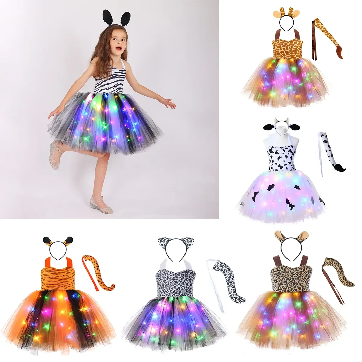

Baby Girls Halloween Animal Cosplay Costume Kid LED Light Dress Giraffe Cows Tiger Leopard Zebra Print Tutu Dress Birthday Party